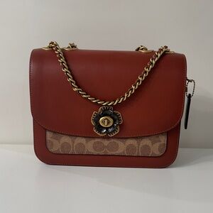 Coach Leather and Signature Canvas Shoulder Bag in Tan Carmel/Brass